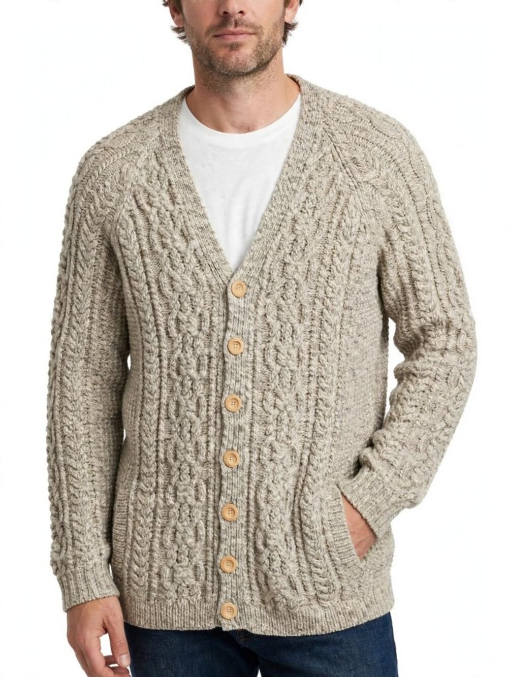 Hand Knit Aran Cable Knit Cardigan Sweater Oatmeal Colour 2XL